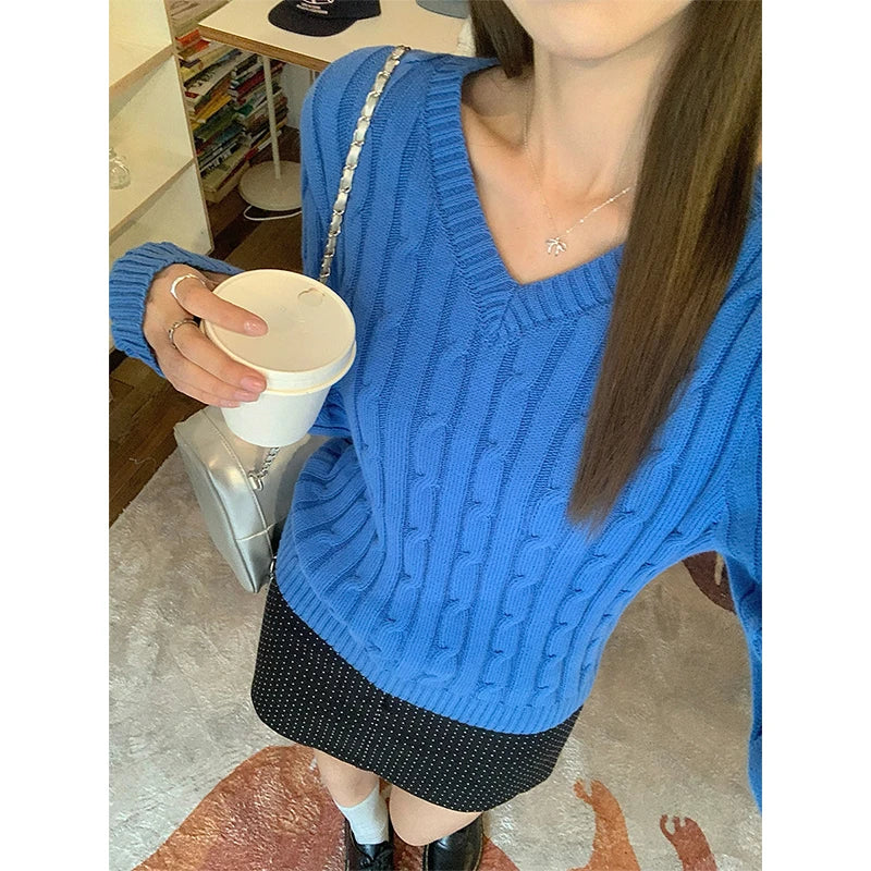 Autumn Winter New Blue Short Knitted Pullover Twists Sweater Korean V Neck Long Sleeved Versatile Crochet Tops