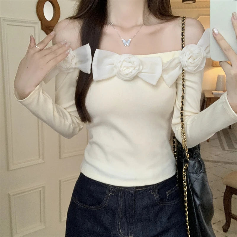 Sweet Hot Girl Off Neck Longsleeved Sweater Autumn Threedimensional Flower Knitted Sweater Female Clothes