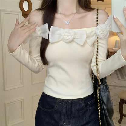 Sweet Hot Girl Off Neck Longsleeved Sweater Autumn Threedimensional Flower Knitted Sweater Female Clothes