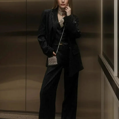 Spring Black Striped Oversized Blazer Loose Notched Full Sleeve Suits High Waist Long Flare Pants Halter Tank Tops