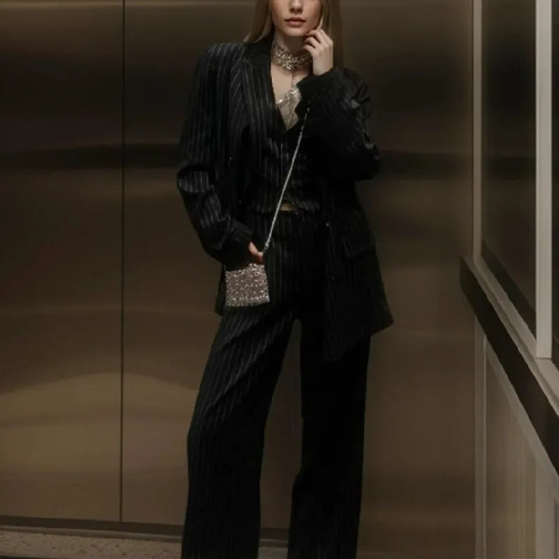 Spring Black Striped Oversized Blazer Loose Notched Full Sleeve Suits High Waist Long Flare Pants Halter Tank Tops