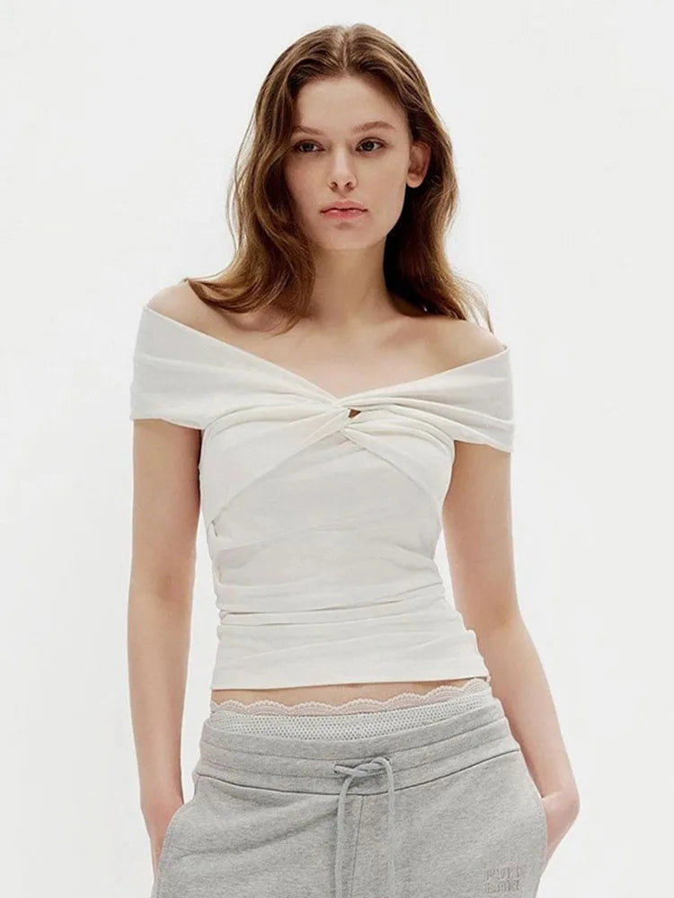 Off Shoulder Smocked T-shirt Top ’s Sleeveless Color Slim Fit Boat Neck Pullover T-shirt Top