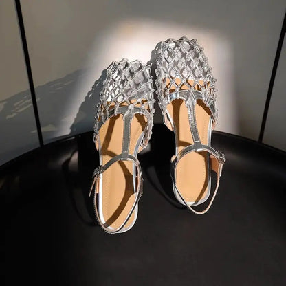 French Retro Hollowed Out Mesh Sandals Square Toe Sandals for Back Hollow Buckle Strap Flat Shoes Summer