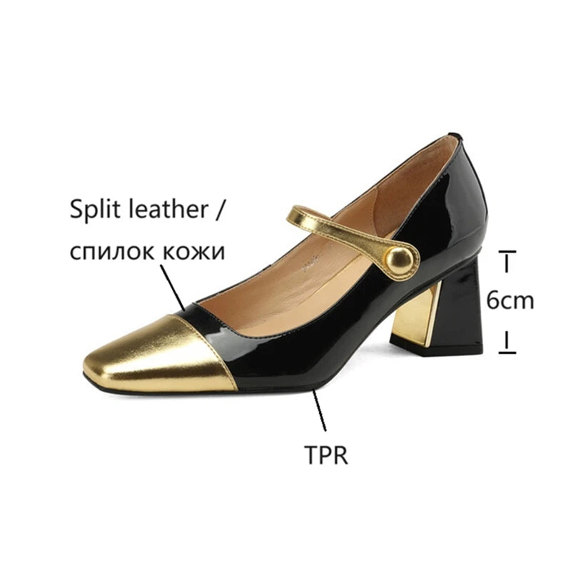 Spring/autumn Pumps Split Leather Shoes for Square Toe Chunky Heel High Heels Elegent Mixed Colors Mary Janes Shoes