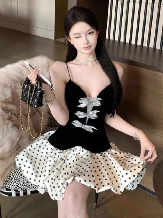 Dresses Bow Rhinestone Sweet Satin Patchwork Velvet Sleeveless V Neck Backless Mini Dress Party Female