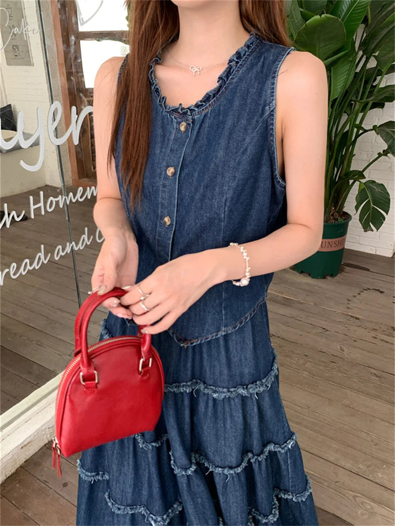 High Street Sweet Ruffles Denim Vest Coats Aline Mopping Suits Slim Loose Summer Skirts Office Lady
