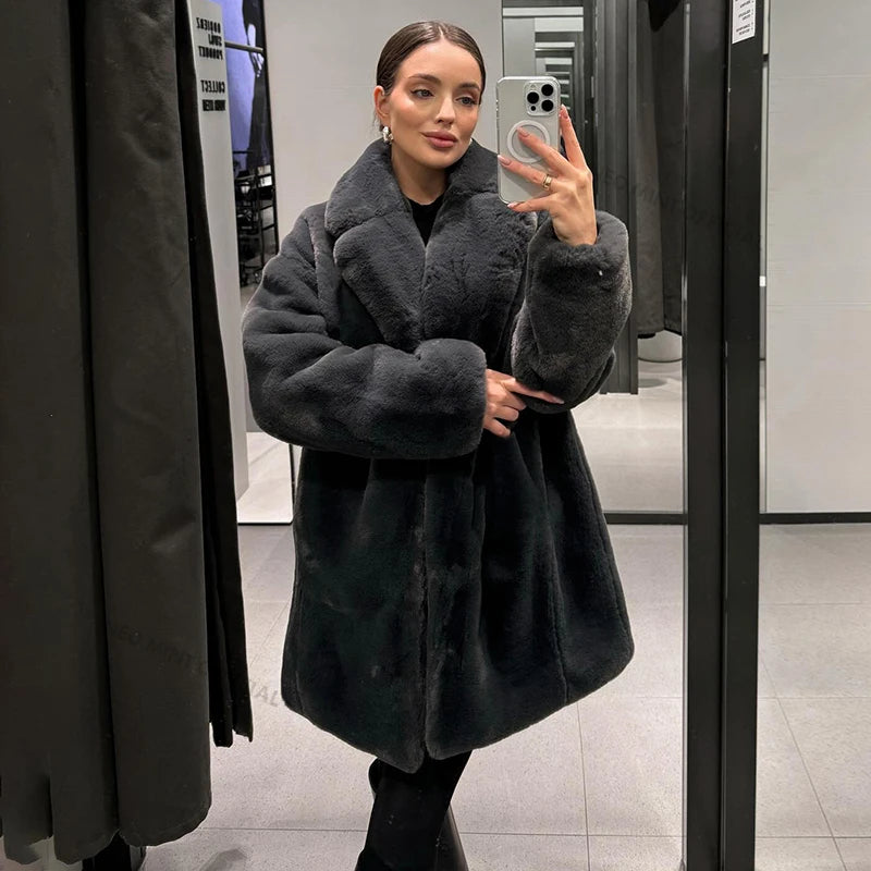 Winter Faux Rabbit Fur Coat Brand Designer Thick Warm Outerwear Jacket Fur Collar Classic Dark Gray Overcoat
