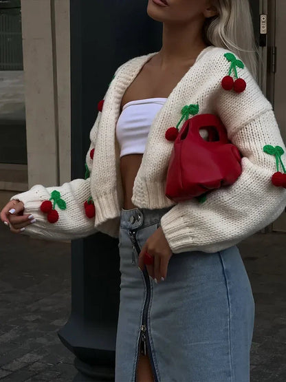 3d Cherry Patchwork Knitted Cardigan Long Sleeved Cropped Sweater Top Autumn Commuting Street Outwear