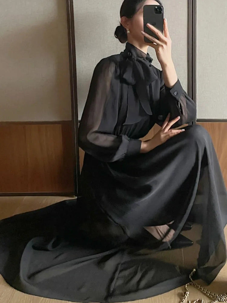Midi Dresses for Long Sleeves Half High Collar Lace-up A-line Korean Autumn New One Piece Vestido Mujer