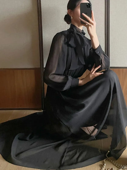 Midi Dresses for Long Sleeves Half High Collar Lace-up A-line Korean Autumn New One Piece Vestido Mujer