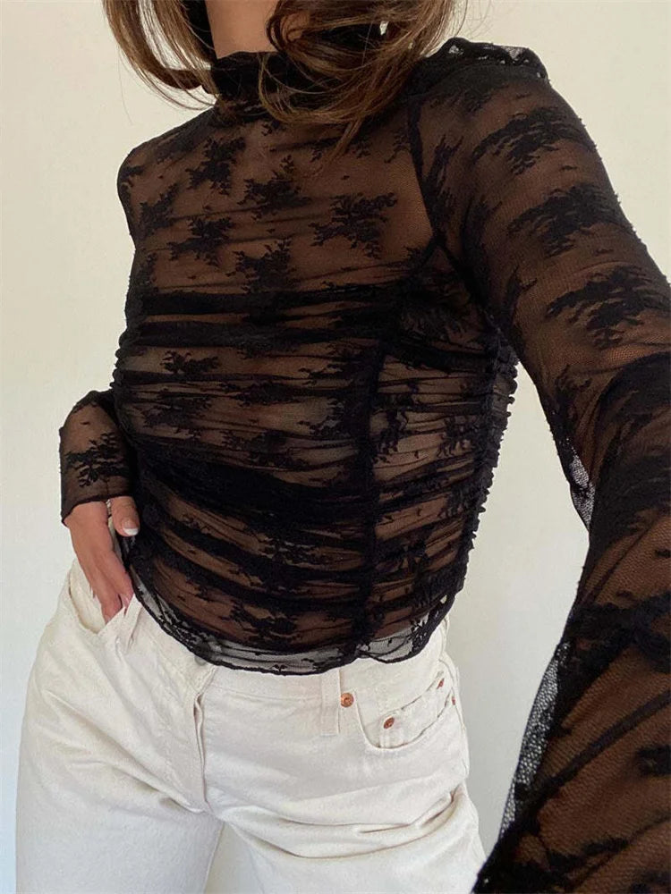 See-through Lace Mesh T-shirt for Long Sleeve Printed Summer Contrast Pullover Female Slim Tee Top