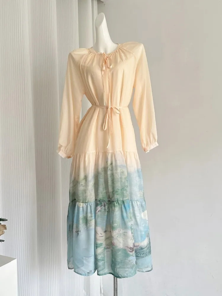 Autumn Oversize Printed Midi Dresses for Long Sleeves Oneck Loose Aline Dress Female New Vestidos Mujer