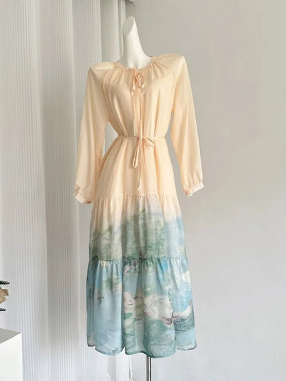 Autumn Oversize Printed Midi Dresses for Long Sleeves Oneck Loose Aline Dress Female New Vestidos Mujer