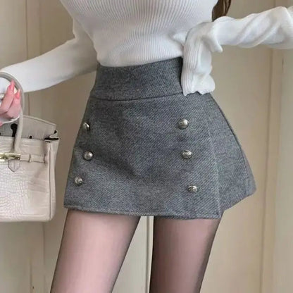 Short Skirts Shorts New High Waist Double Breasted Design Woolen Mini Skirt Versatile Faldas