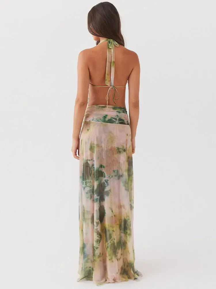 Printed Lace Up Deep Vneck Halter Dress Backless Sleeveless Long Dresses Summer Party Beach Vacation Vestido