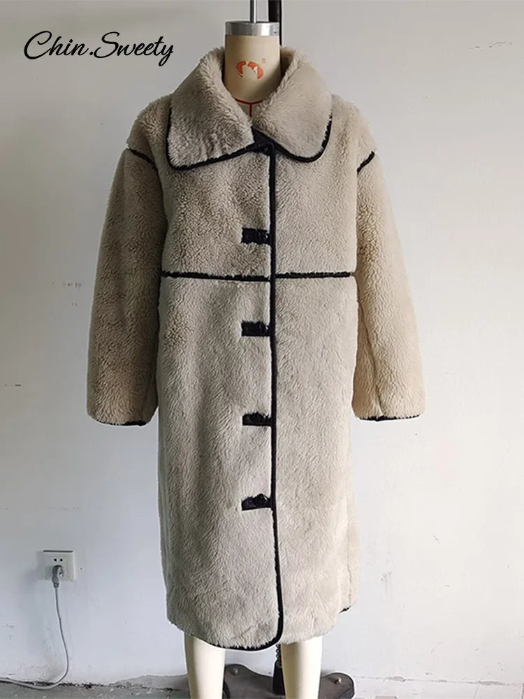 Beige Faux Fur Long Coat Winter Buttons Lapel Long Sleeve Lamb Fleece Jacket New Lady Loose Street Outerwear