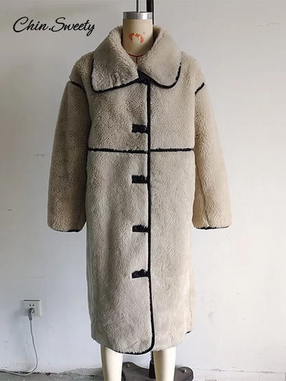 Beige Faux Fur Long Coat Winter Buttons Lapel Long Sleeve Lamb Fleece Jacket New Lady Loose Street Outerwear