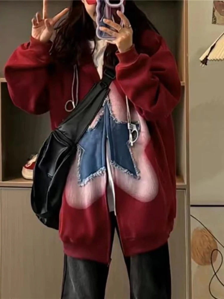 Y2k Zip Up Hoodie Sweet Star Graphics Sweatshirts Red Oversized Sport Coat Grunge Female Harajuku Clothes
