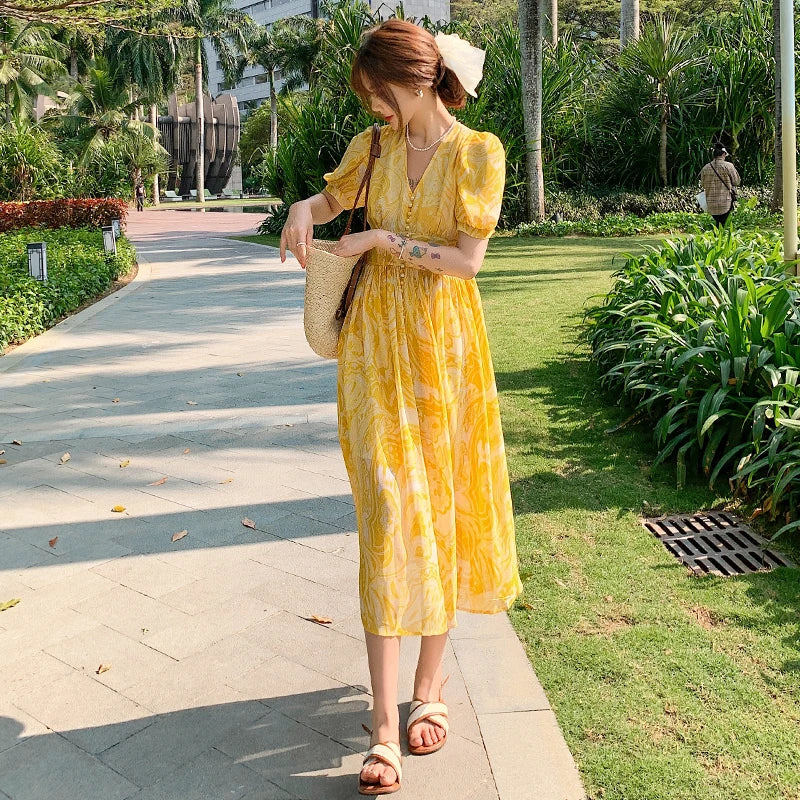Summer Yellow Senior Sense Chiffon Vneck High Waist Thin Temperament Seaside Resort Long Dress