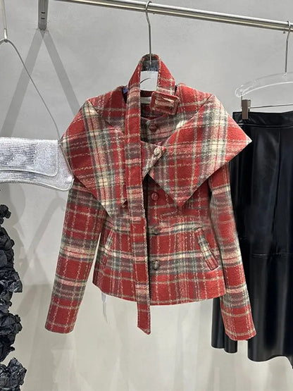 French Retro Plaid Wool Coat for Autumn/winter New High End Temperament Waist Cinching Strap Short Jackets Clothing