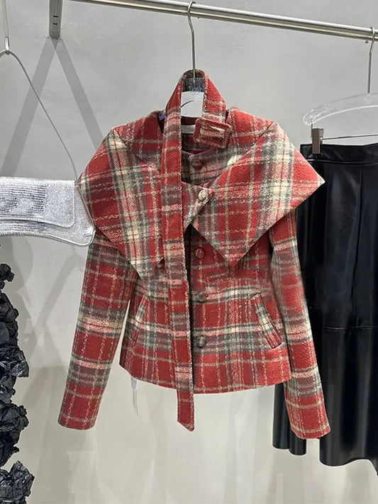French Retro Plaid Wool Coat for Autumn/winter New High End Temperament Waist Cinching Strap Short Jackets Clothing