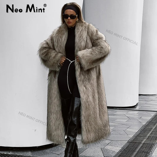 Mob Wife Aesthetic Long Faux Fur Coat Winter Fluffy Gradient Fox Fur Jacket Female Furry Overcoat