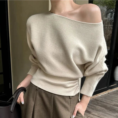 Strapless Color Longsleeved Sweater Autumn New Slant Collar Loose Button Pleated Knitted Tops