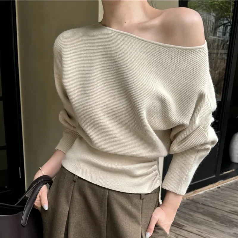 Strapless Color Longsleeved Sweater Autumn New Slant Collar Loose Button Pleated Knitted Tops