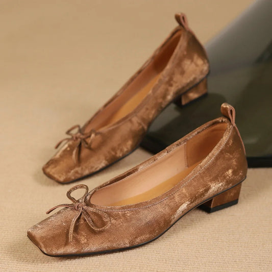 Genuine Leather Square Toe Slipon Flats Slim Single Shoes Sweet Bowtie Retro Female Daily Footwear Soft Comfort Shoes