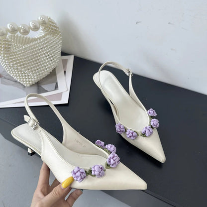 Pink High Heels Pointed Toe Slingback Shoes Summer Small Flower Low Heel Office Shoes Black Pumps White Talons Femme