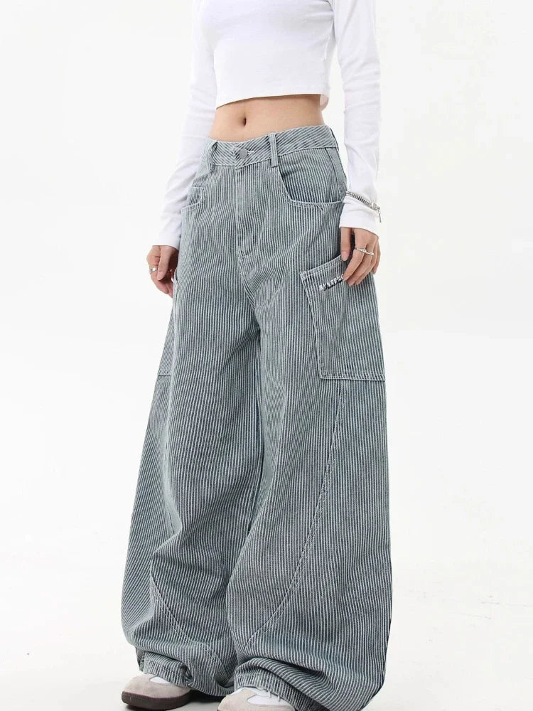 Retro Stripe Cargo Jeans Y2k Hip Hop Baggy Korean Straight Wide Leg Denim Pants Harajuku Mujer Bottoms