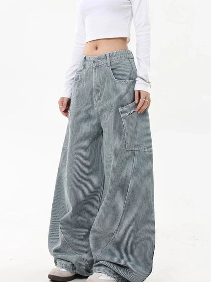 Retro Stripe Cargo Jeans Y2k Hip Hop Baggy Korean Straight Wide Leg Denim Pants Harajuku Mujer Bottoms