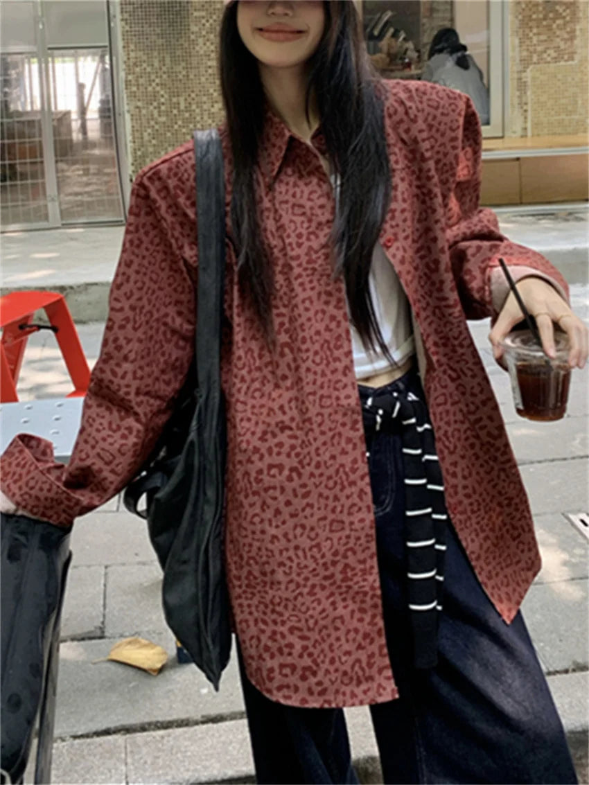 Ankela Red Jackets Leopard Loose New Autumn All Match Coats Denim Wide Leg Jeans