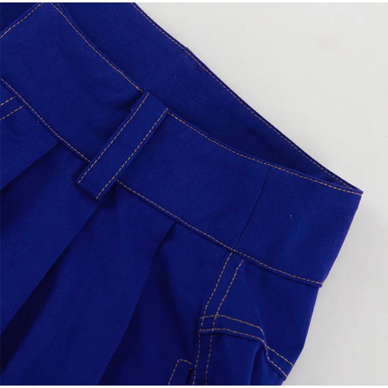 Wide Leg Pleated Pants for Loose High Waist Straight Striped Blue Street Pants Female Spring Street Trousers