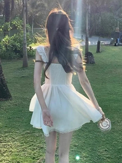Sweet White Mini Dress Square Collar Sleeveless Laceup Birthday Party Dresses Summer Aline Short Vestidos