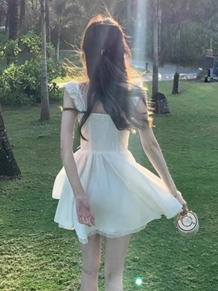 Sweet White Mini Dress Square Collar Sleeveless Laceup Birthday Party Dresses Summer Aline Short Vestidos