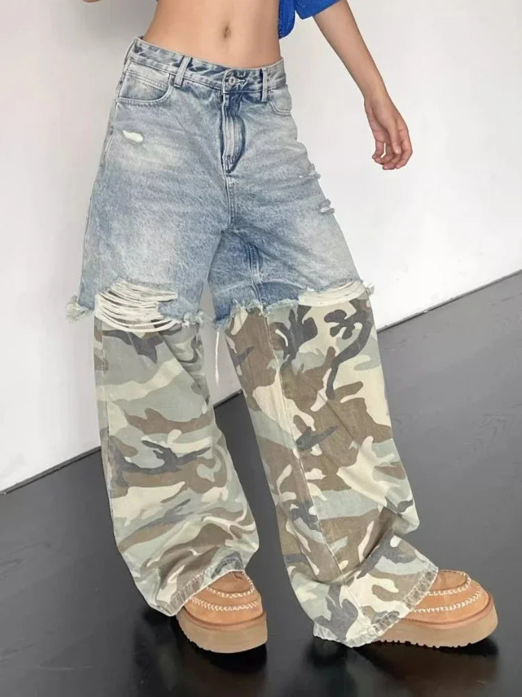 Camouflage Spliced Ripped Jeans for Hip Hop Y2k Baggy Wide Leg Denim Pants Trousers