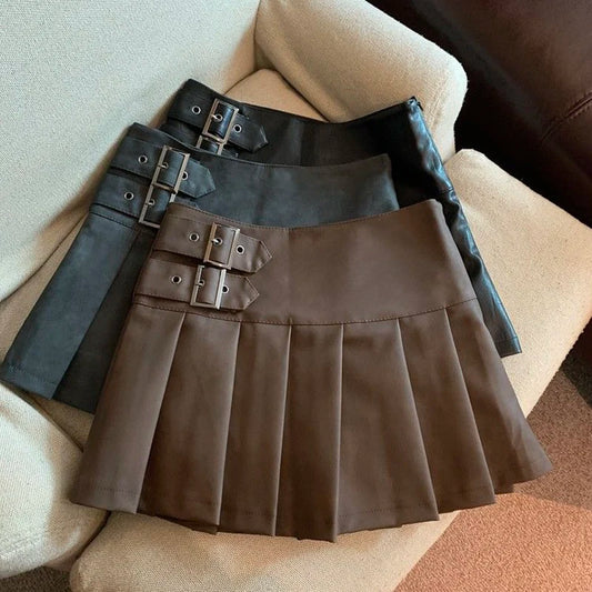 S-3xl Y2k Pu Leather Mini Skirts High Waist Pleated Skirt Korean Black Slim a Line Skirts