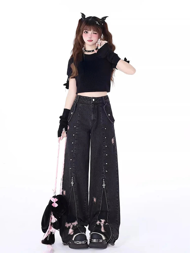 Black Gothic Baggy Jeans High Waist Cowboy Pants Harajuku Denim Trousers Aesthetic Y2k Emo Trashy 2000s Clothes