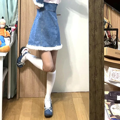 Denim Chunky Heel Bow Mary Jane Sandals Buckle Metal Decoration Square Toe Lace Up Pumps Shallow Wrinkled Woolen Shoes
