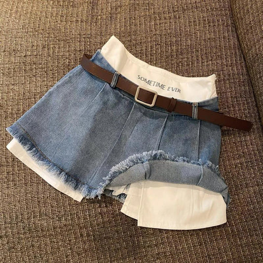 High Waist Denim Skirts Summer Korean Patchwork Mini Skirts Female Tassels Jeans Skirts