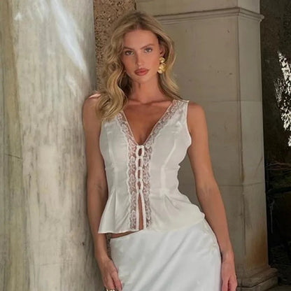 Lace Bow Sleeveless Short Tank Top for Deep V Neck Button Patchwork Female White Cardigan Top Summer New