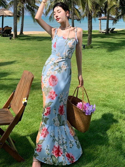 French Style Print Dresses Spaghetti Strap Bodycon Party Long Dress Summer Holiday Beach Vestidos Robe New