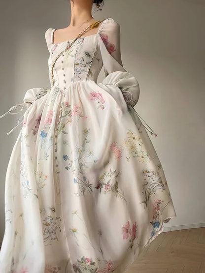 French Print Dress Square Collar Spring Summer Long Sleeve Dress for Sweet Leisure Midi Dress