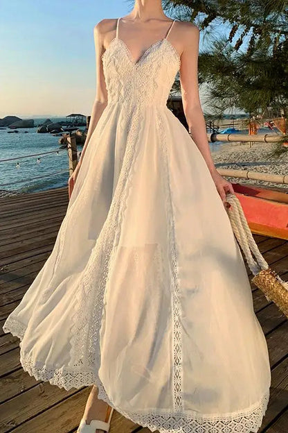 White Lace Spaghetti Straps Backless Summer Vneck Bandage Fairy Long Dress Club Birthday Party Evening Sundress