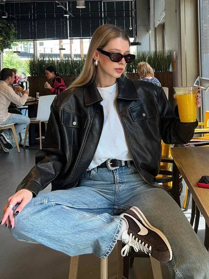 Lapel With Packet Pu Leather Jacket Long Sleeve Zipper Buttons Short Coat Lady New Highstreet Outwear