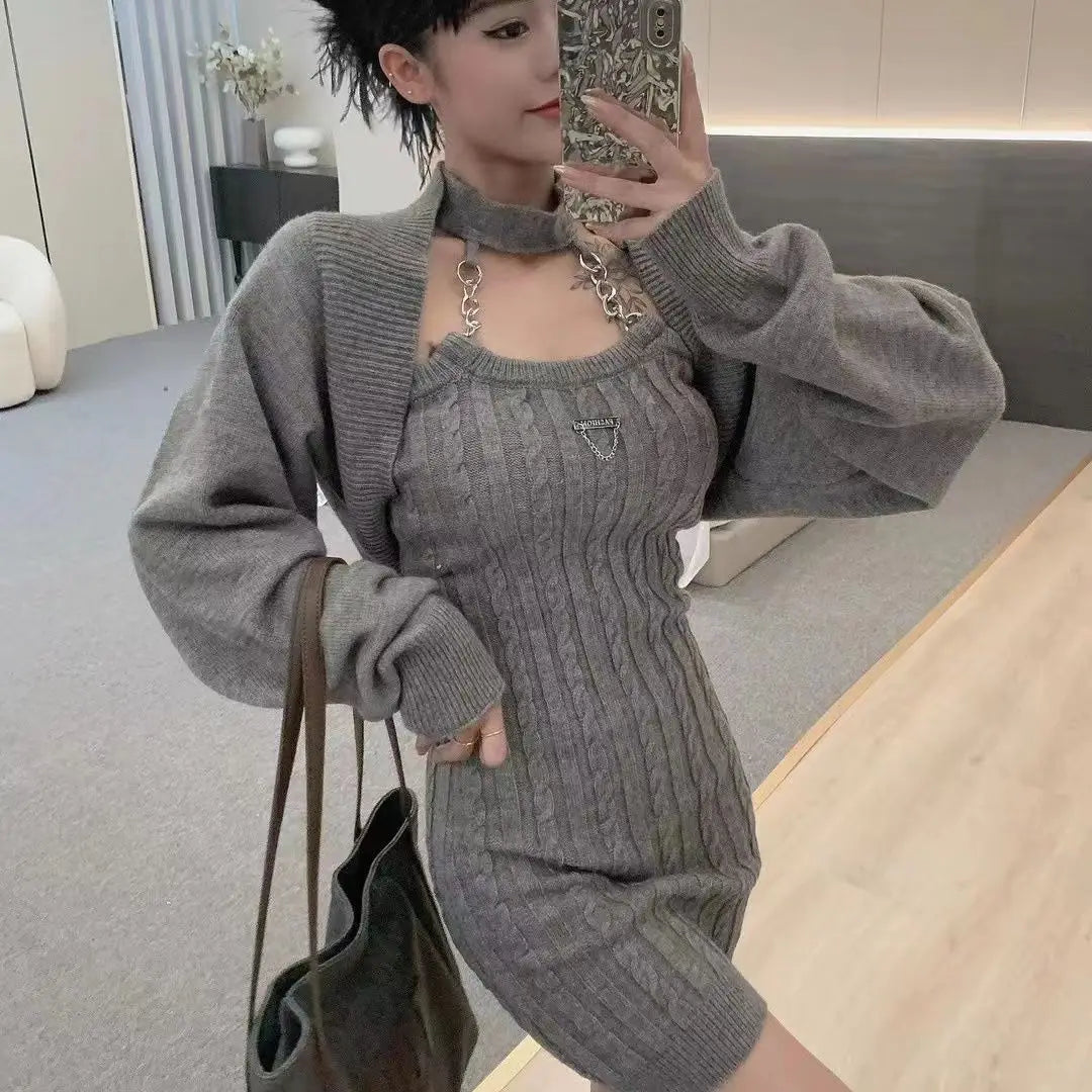 Knitted Twopiece Set Halter Neck Dress Loose Coat New Hot Girl Suspender Short Skirt Korea Japan Style Vestidos