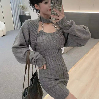Knitted Twopiece Set Halter Neck Dress Loose Coat New Hot Girl Suspender Short Skirt Korea Japan Style Vestidos