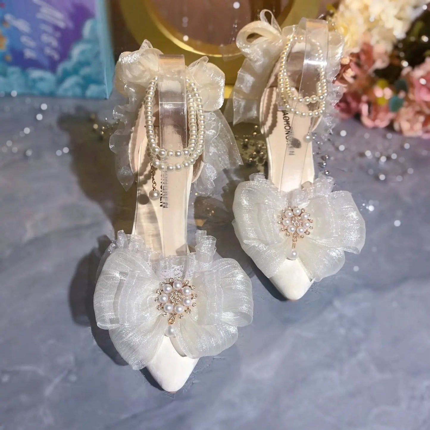 Dress Shoes White Lolita Mary Jane Shoes Woman Designer Pearl Lolita Sandals Sling Back Heels