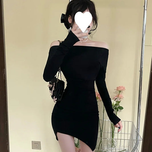 Y2k Dress Color Off Shoulder Long Sleeve Asymmetrical Hem Bodycon Mini Dress Going Out Club Party Dresses
